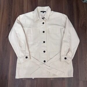 New FORE Canvas Utility Military Jacket‎ Cream Beige Belted Button Women's Sz S